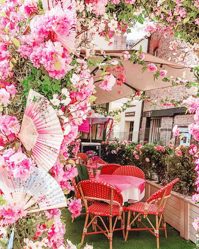 Cherry blossoms and fans at a romantic restaurant in London in springtime