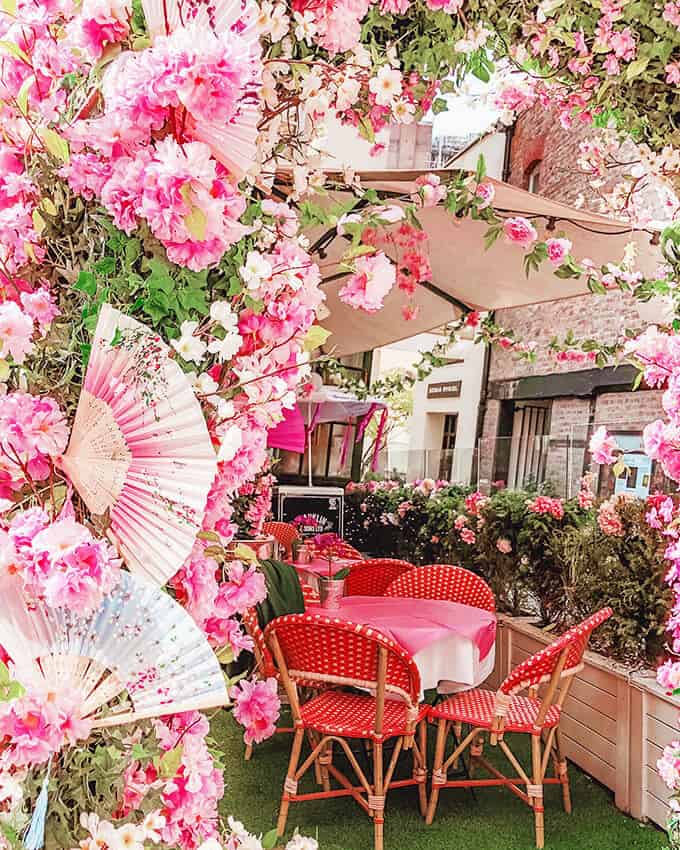 Ventagli e fiori di ciliegio a un ristorante londinese in primavera