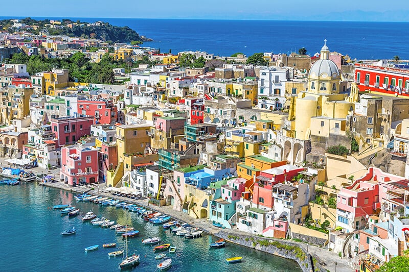 Colorful houses at the marina in Procida island (Italy)