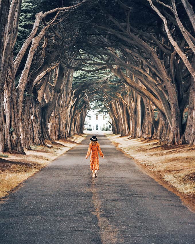 Girl walking on a tree-lined avenue in Torrey (Utah)