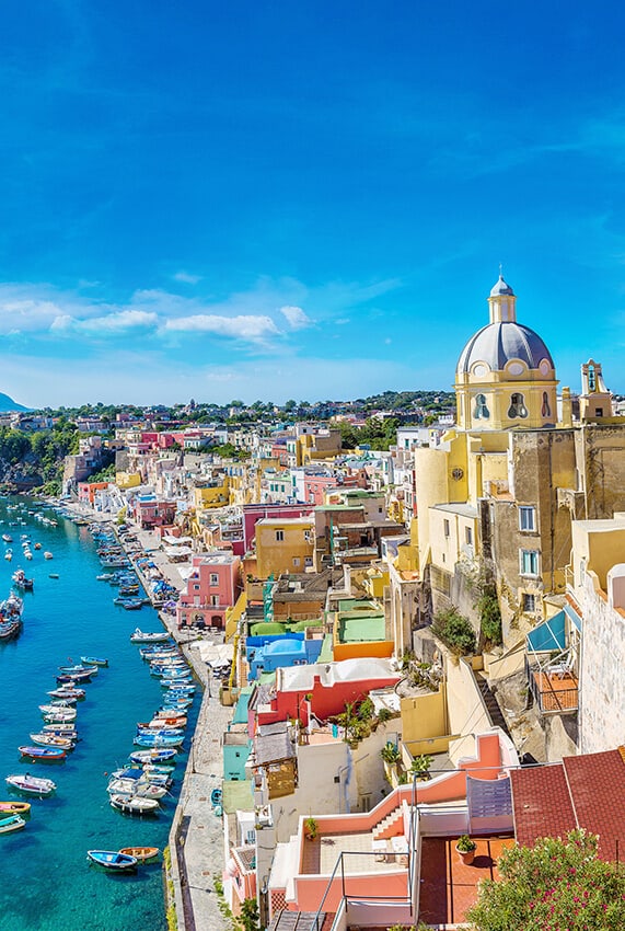 View of Procida (Italy) and the Santa Maria delle Grazie dome