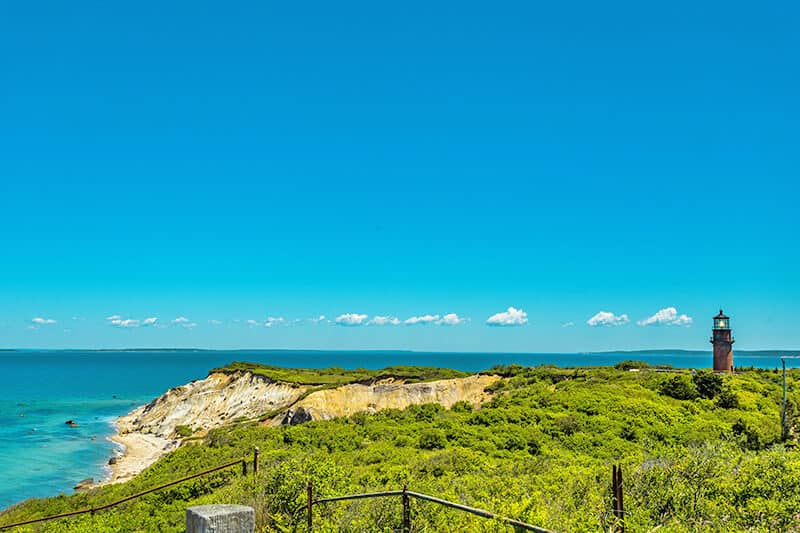 The iconic Martha's Vineyard lighthouse next to the ocean