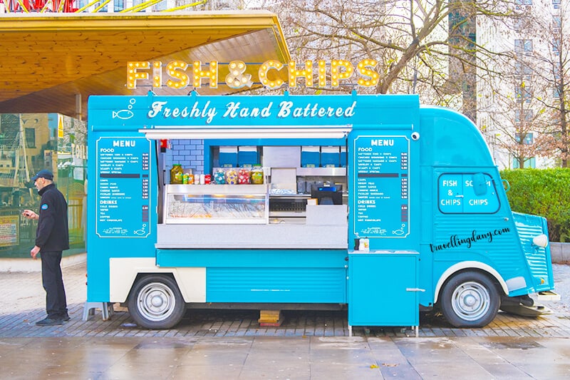 Cute fish and chips truck in London near the Thames