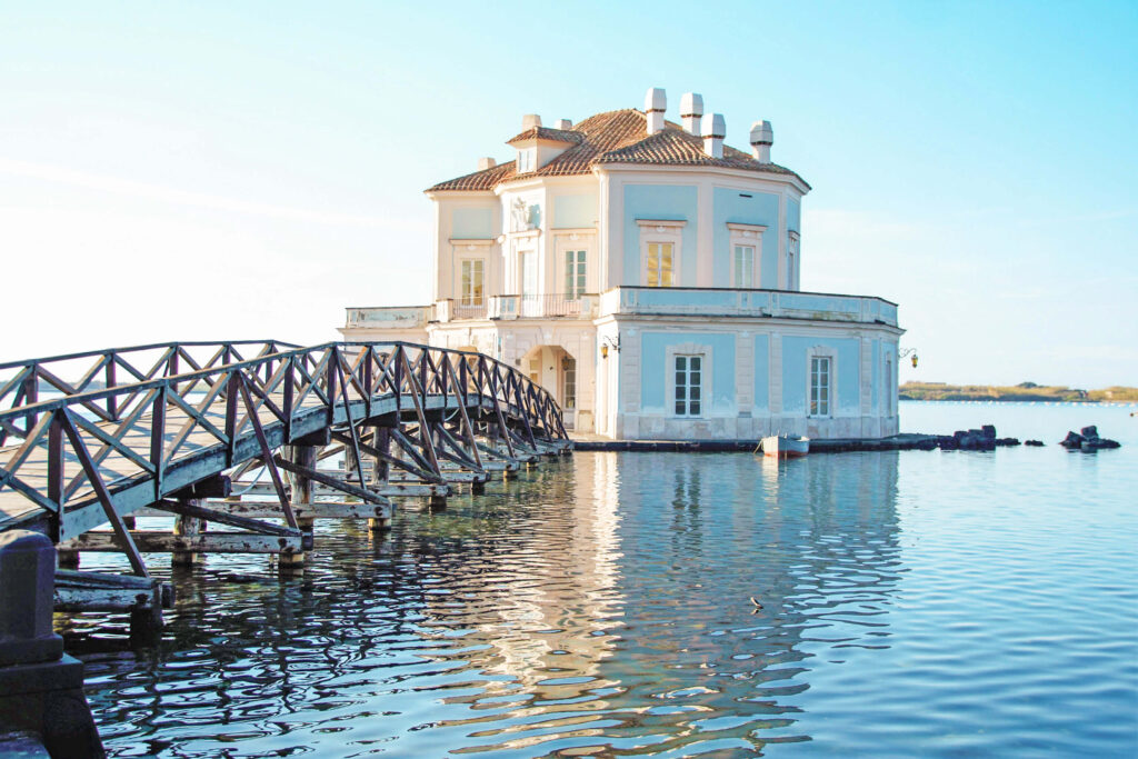 View of the Casina Vanvitelliana near Naples with its wooden bridge