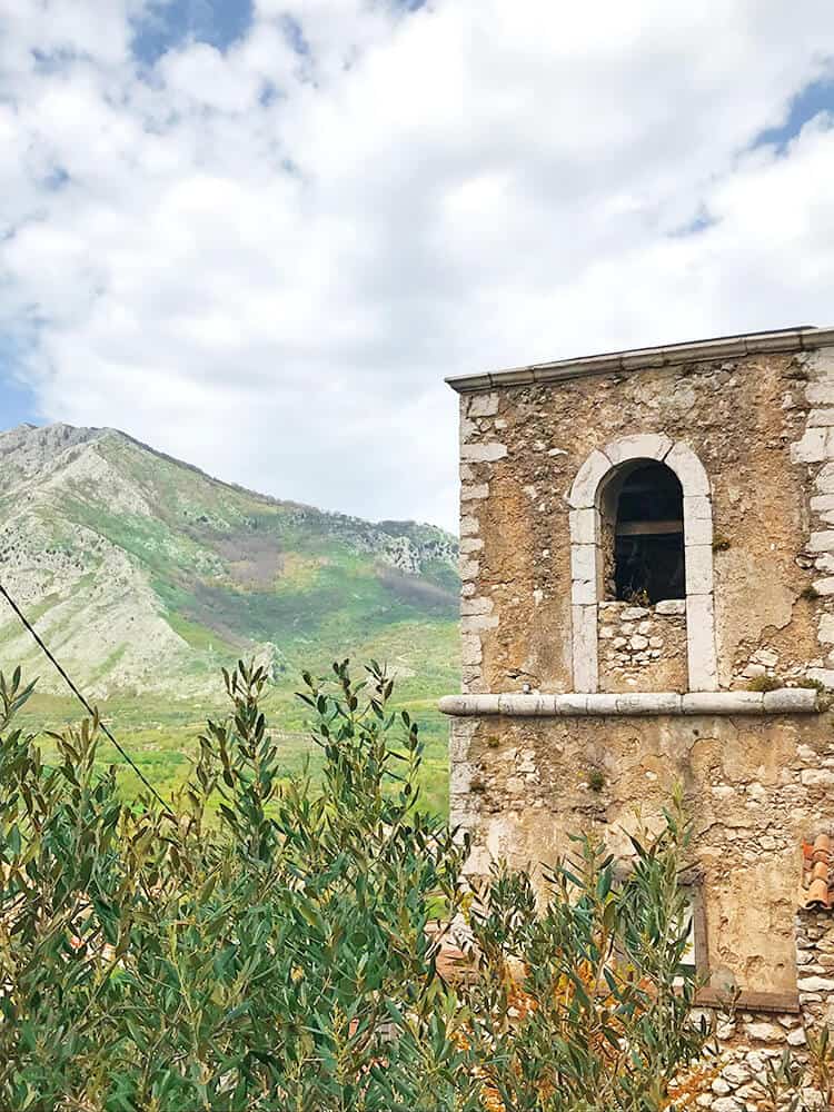 Ancient building at Montevergine Sanctuary overlooking the valley