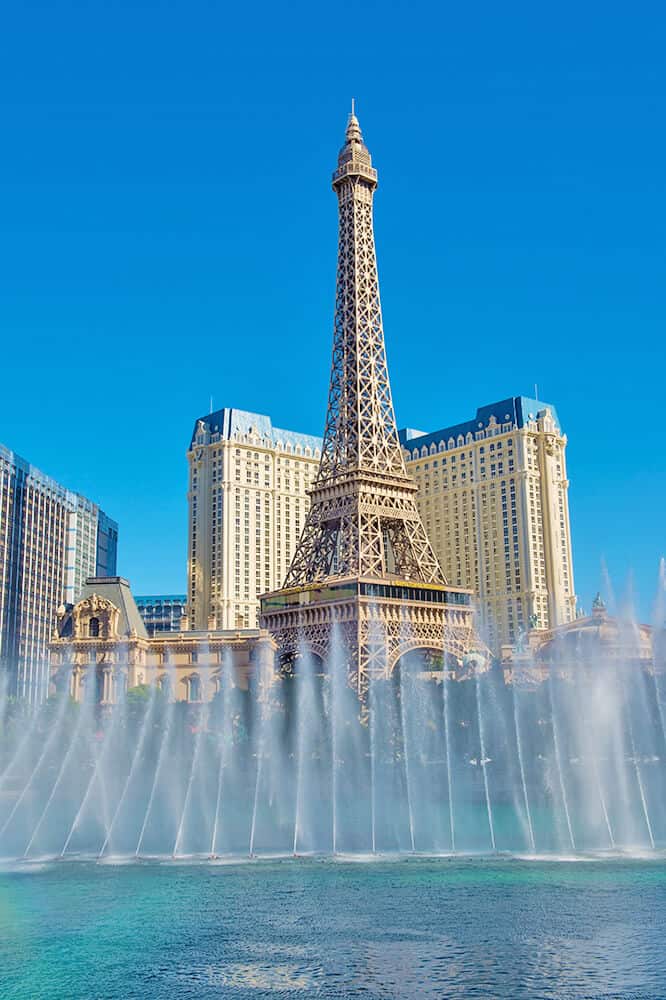 Bellagio fountains and the Eiffel Tower in Las Vegas