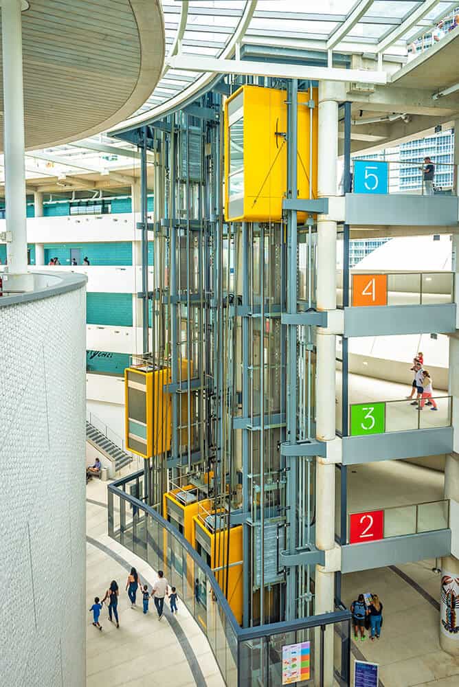 Colorful elevators at Frost museum of science in Miami