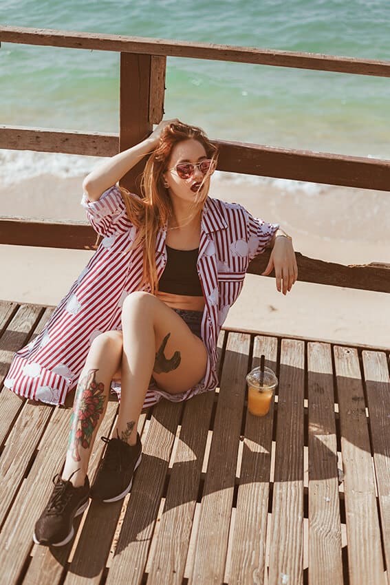 Woman on a windy day in Hawaii