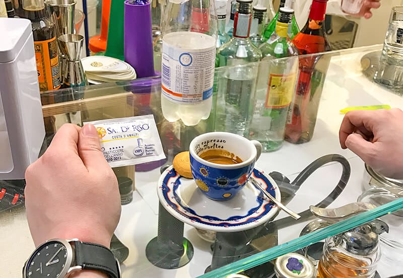 Dany Caputo drinking espresso at Sal de Riso in Minori