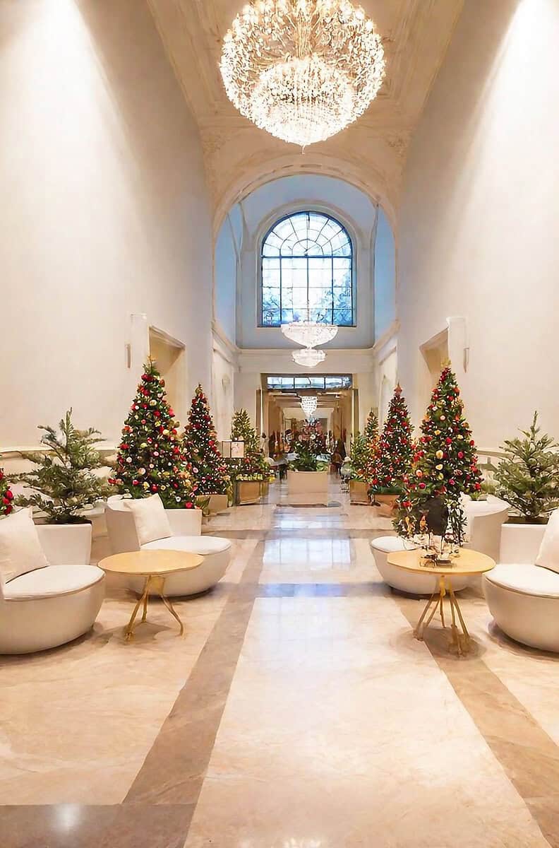 Hotel lobby decorated for the holidays