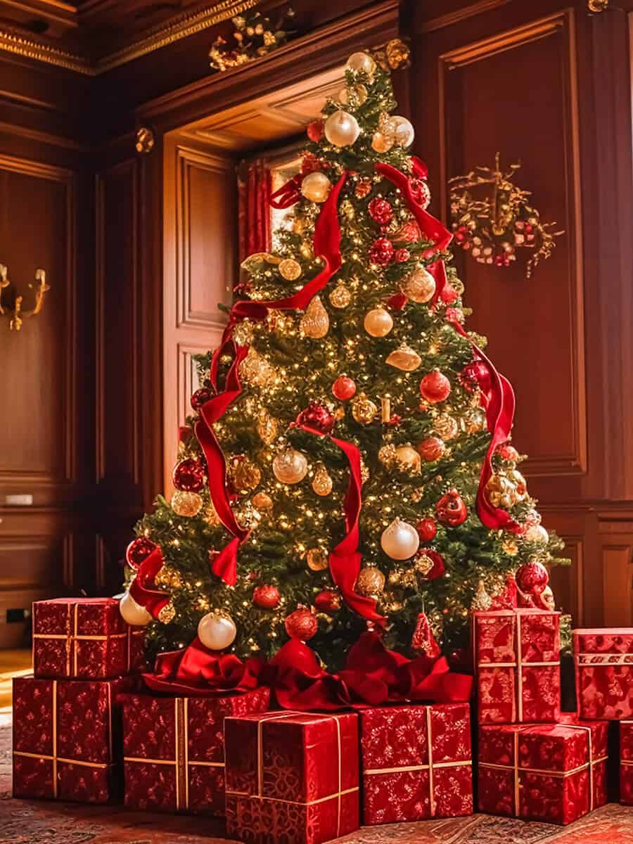 Traditional Christmas tree with gifts