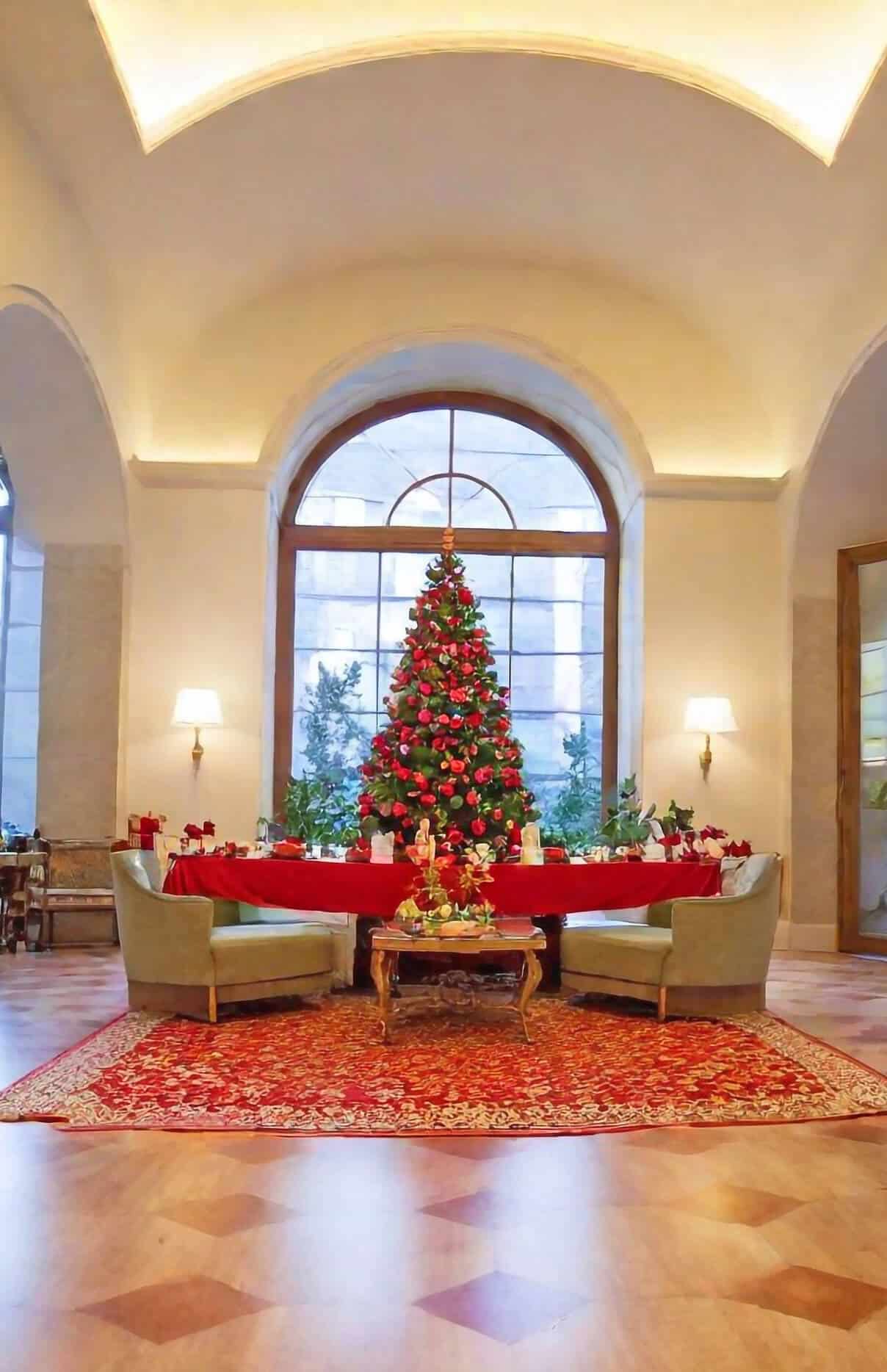Christmas tree near a large table