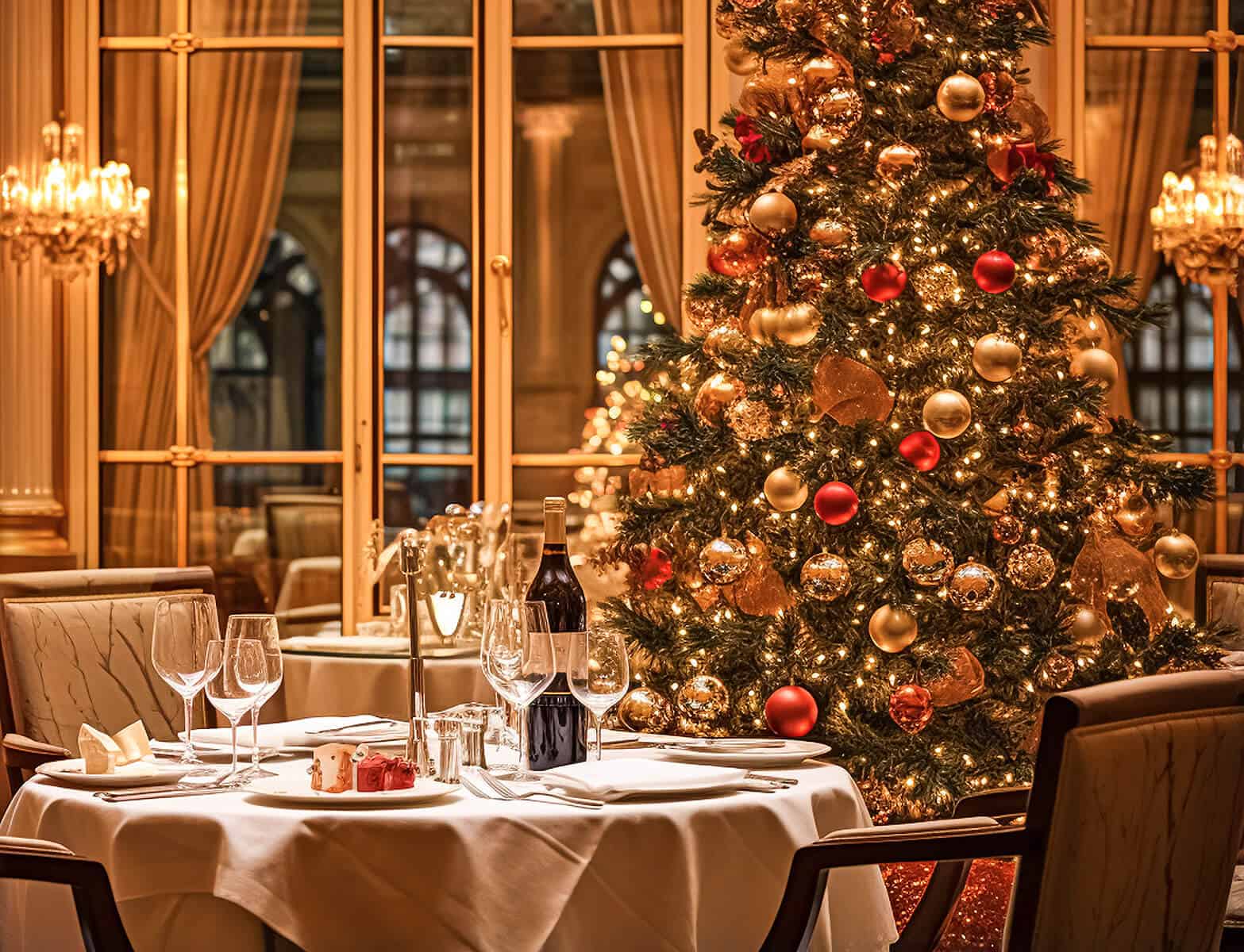 Romantic table set for Christmas dinner