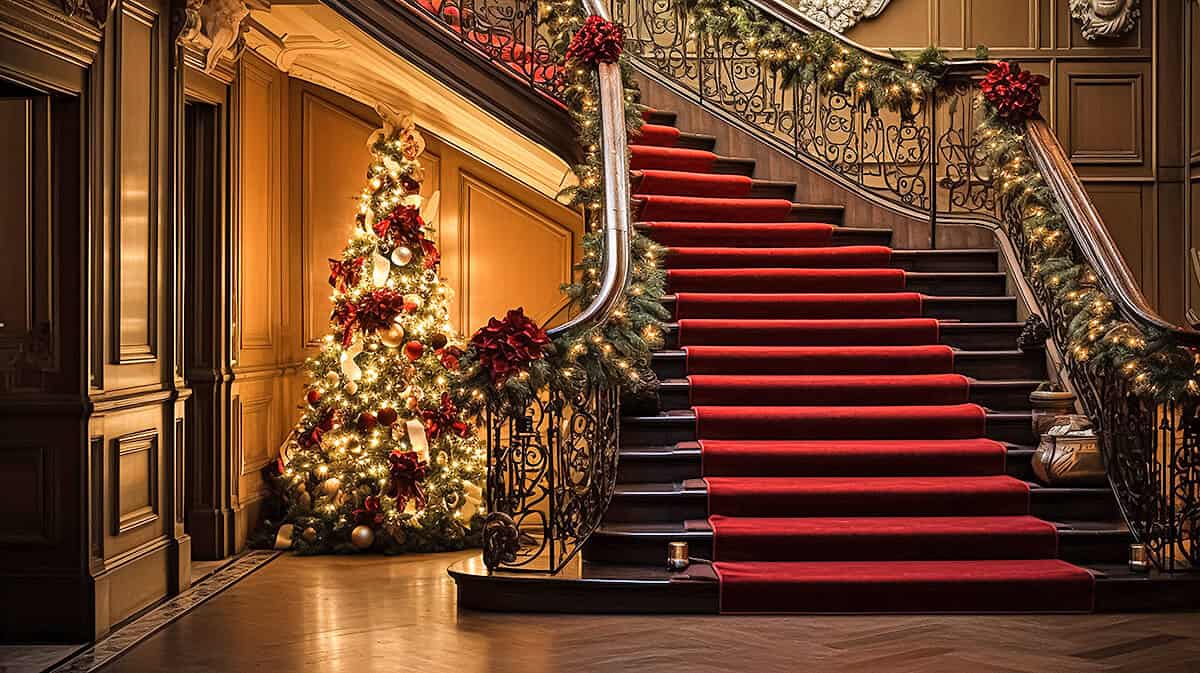 Lights and decor on a grand staircase
