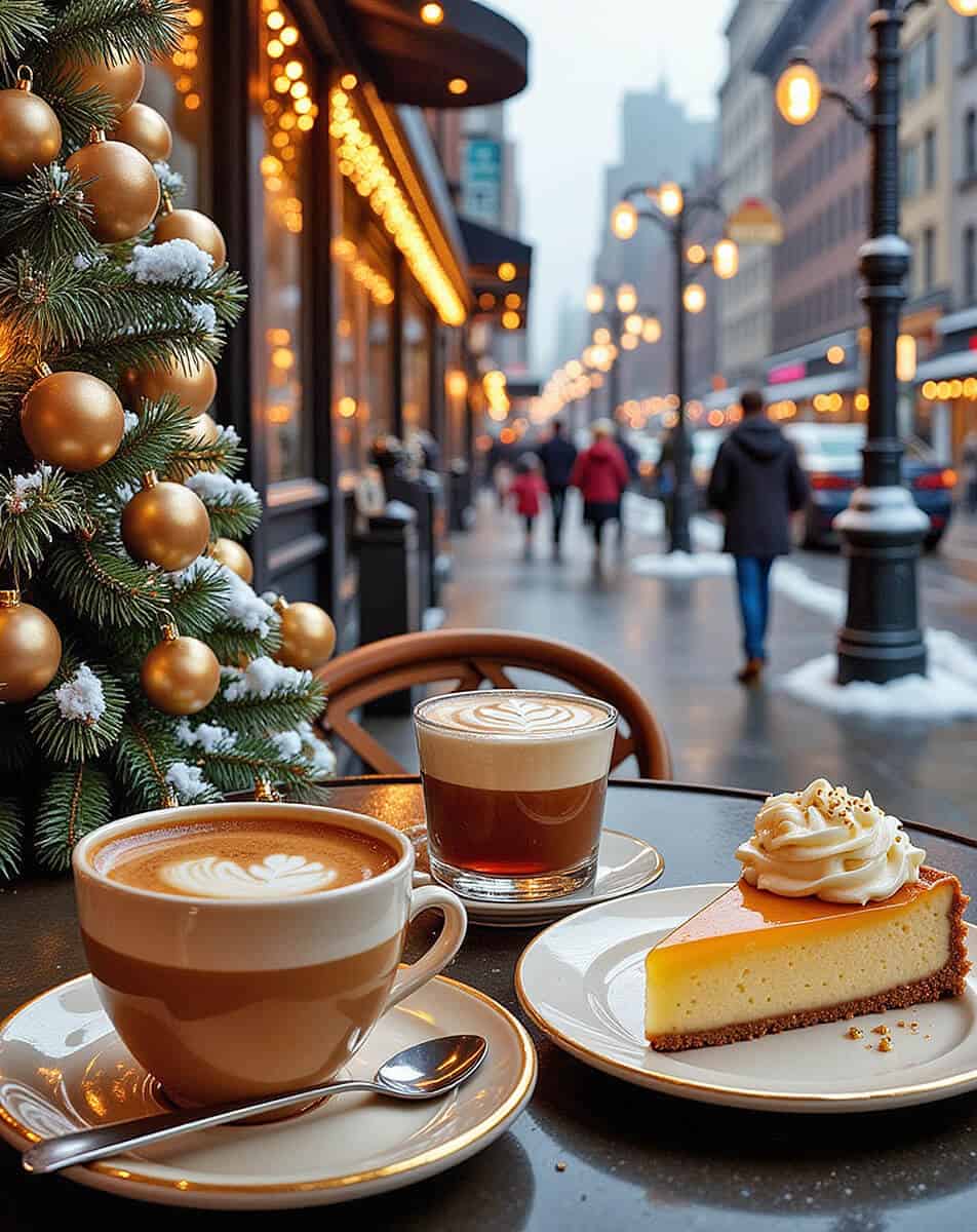 Cheesecake and hot chocolate next to a Christmas tree in NYC