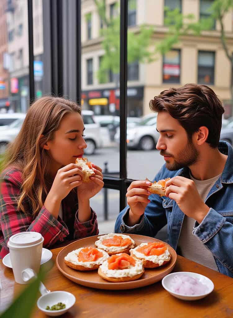 couple eating bagels with lox