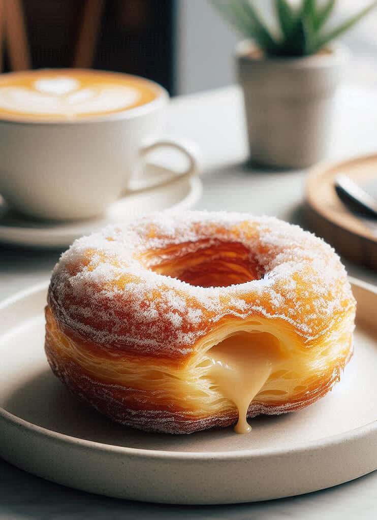 Yellow custard cronut with a side of cappuccino