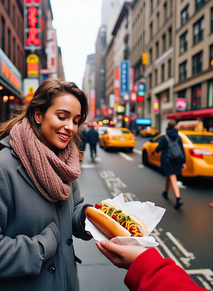 Man offering hot dog to a girl in NYC