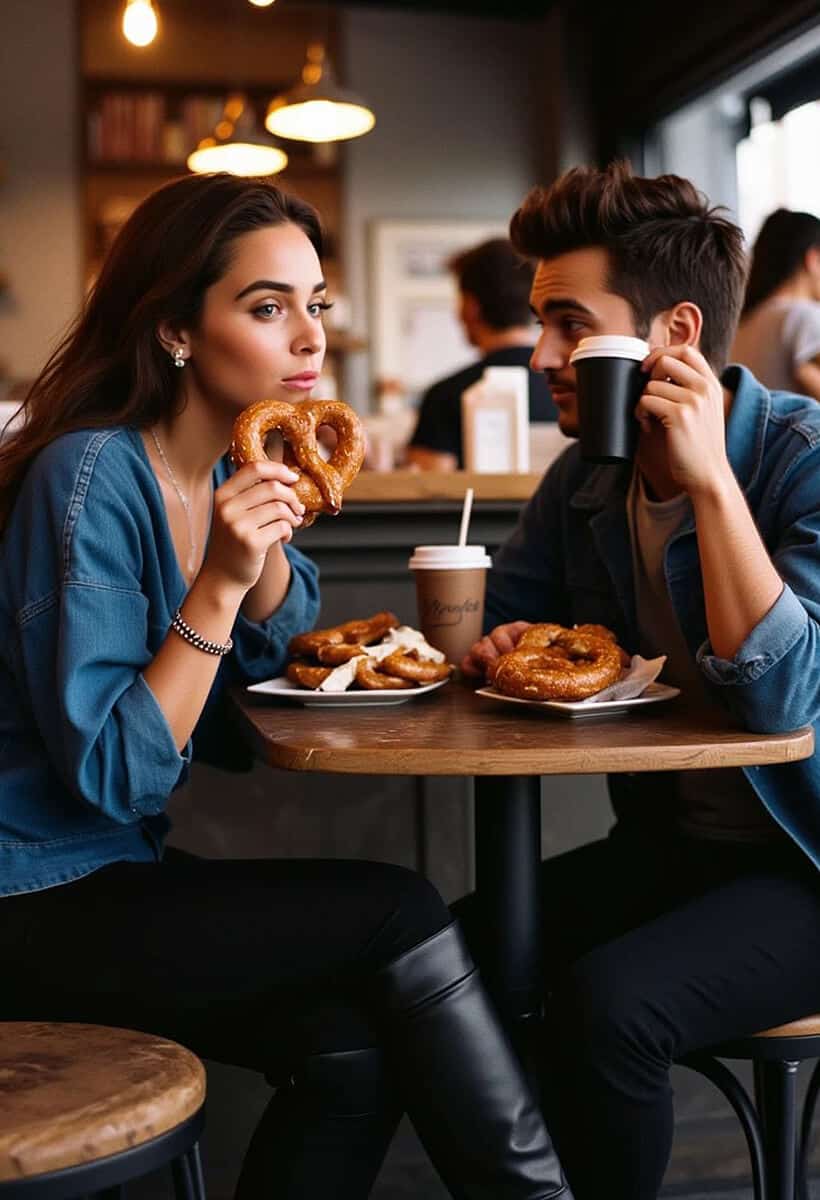 Couple eating pretzels at a cafè