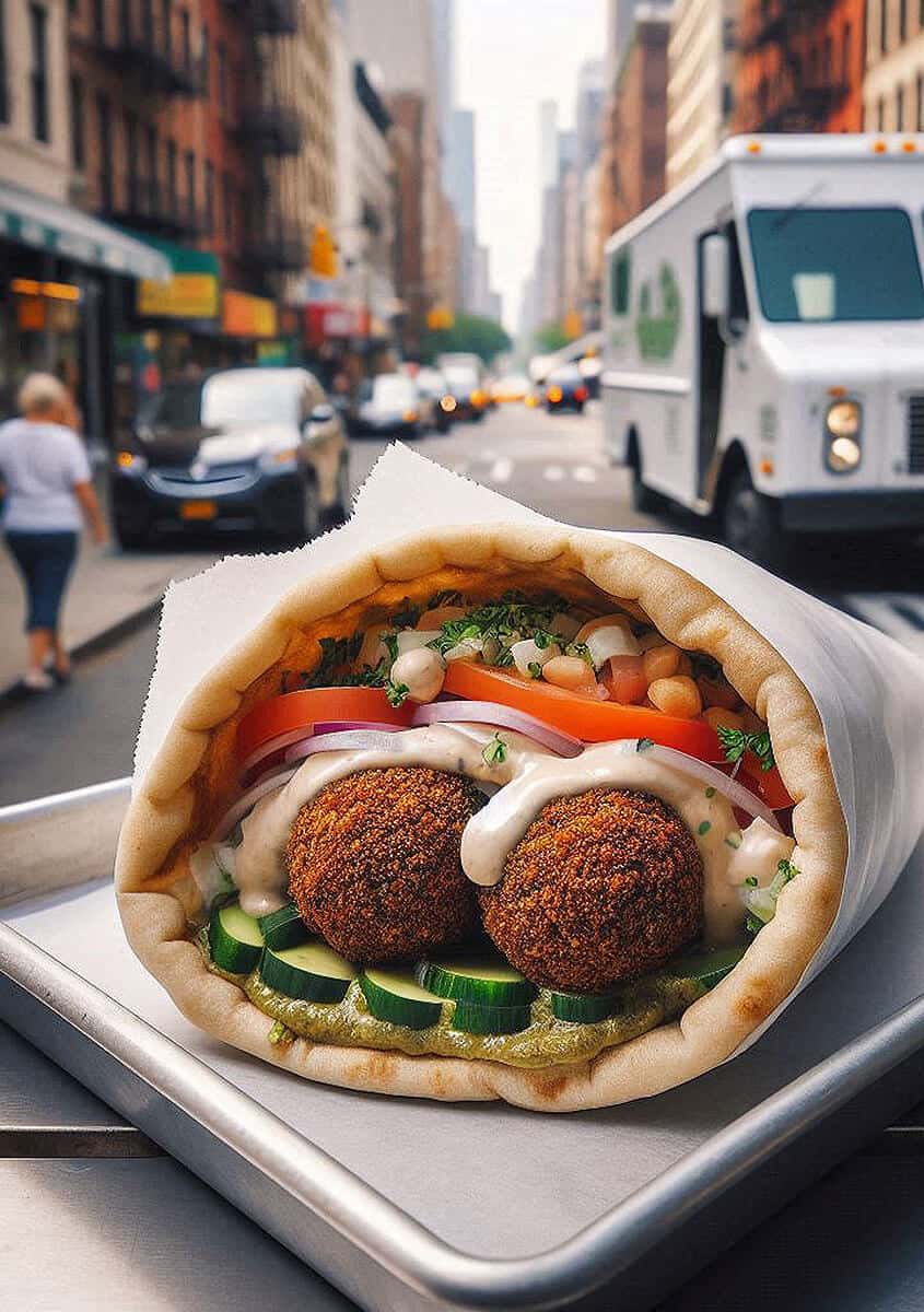 Falafel pita in a busy Manhattan street