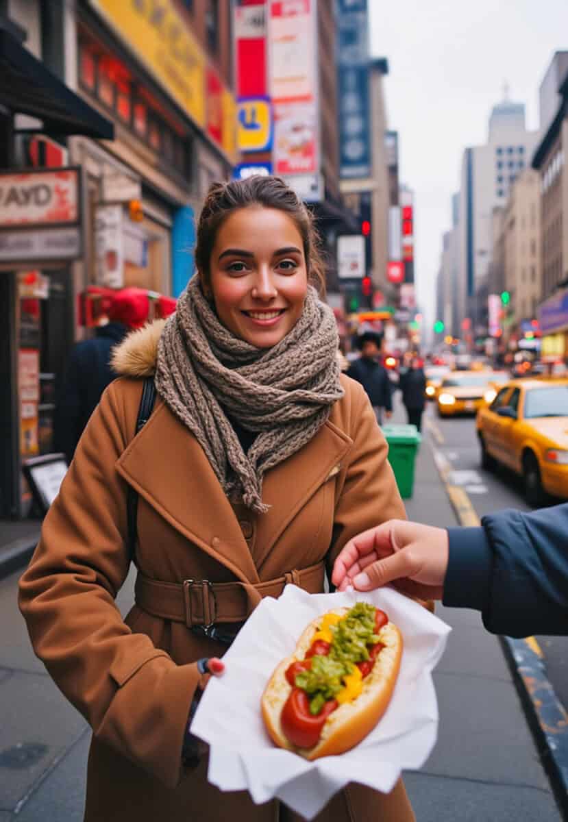 Girl eating an hot dog in Manhattan