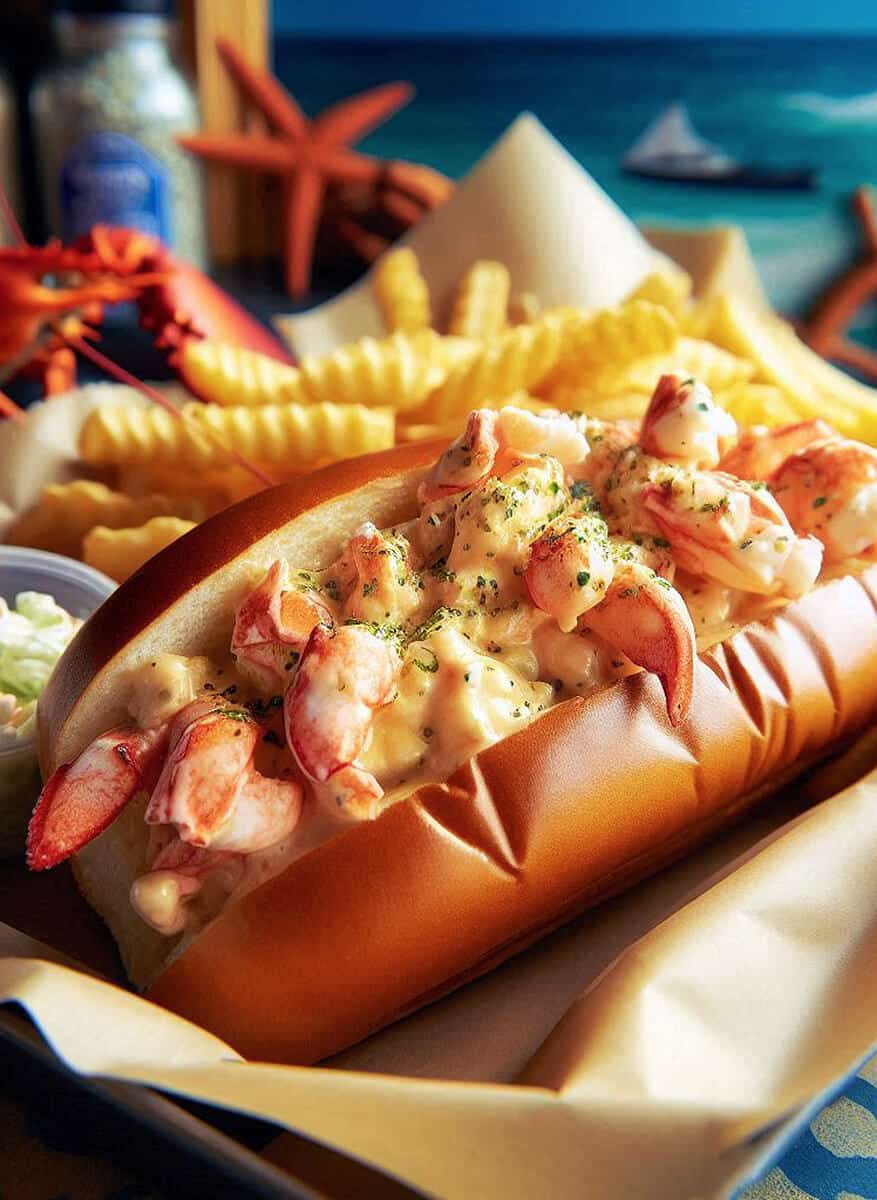 Lobster roll with a side of fries