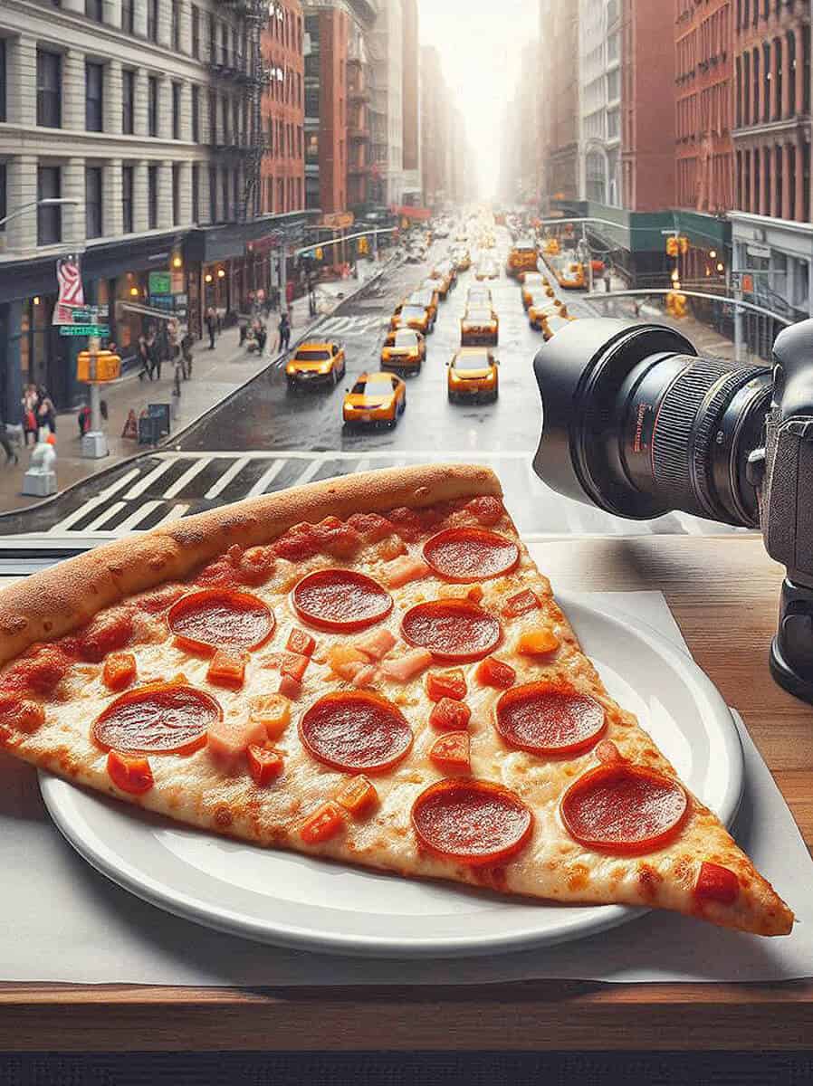 Slice of pizza next to a window overlooking Manhattan