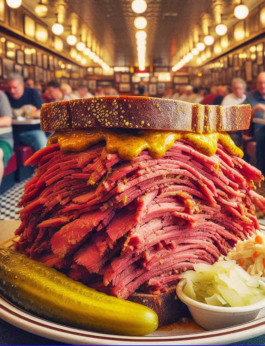 Towering pastrami on rye at a Brooklyn eatery