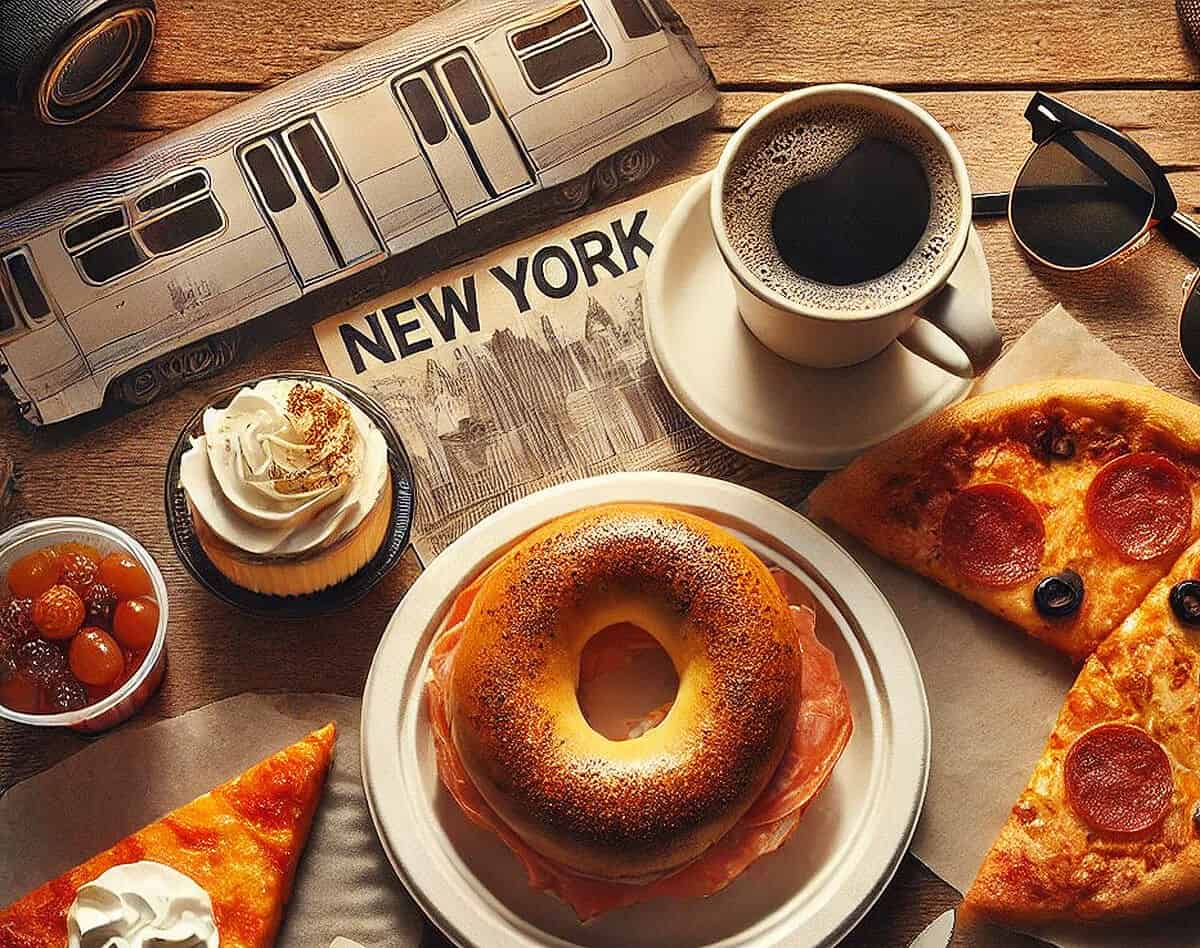 Bagel, pizza and coffee on a table