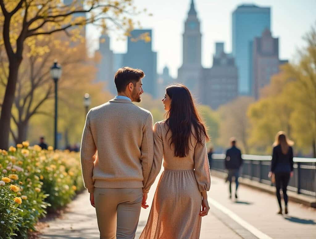 Couple walking in NYC in fall