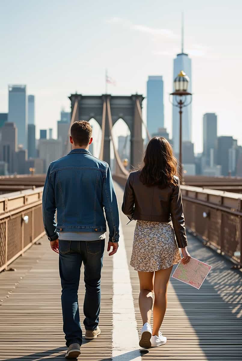 Couple walking the Brooklyn Bridge in NYC
