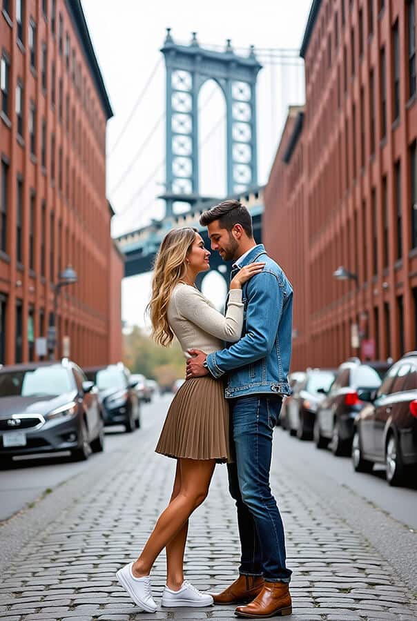 Couple kissing at Dumbo