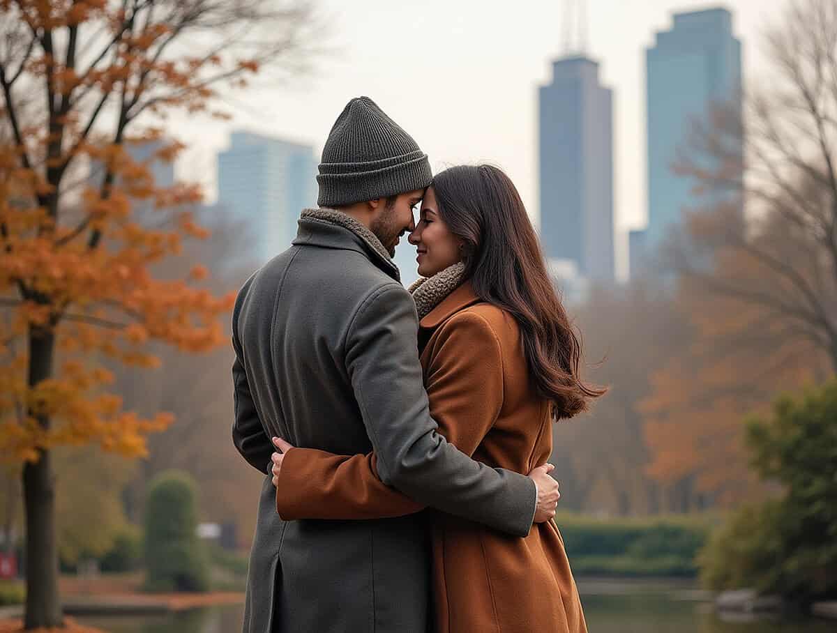 Couple romancing at Central Park in autumn