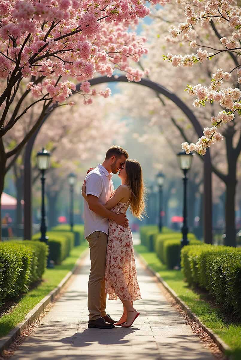 Couple kissing in Central Park in spring