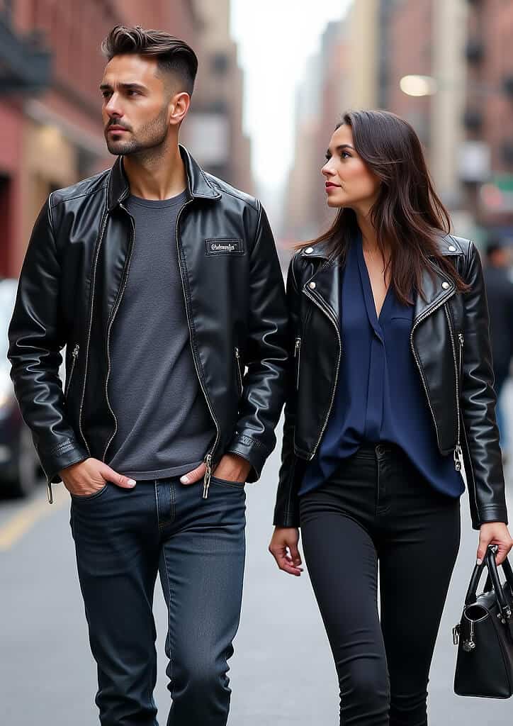Man and woman walking at Dumbo in leather jackets