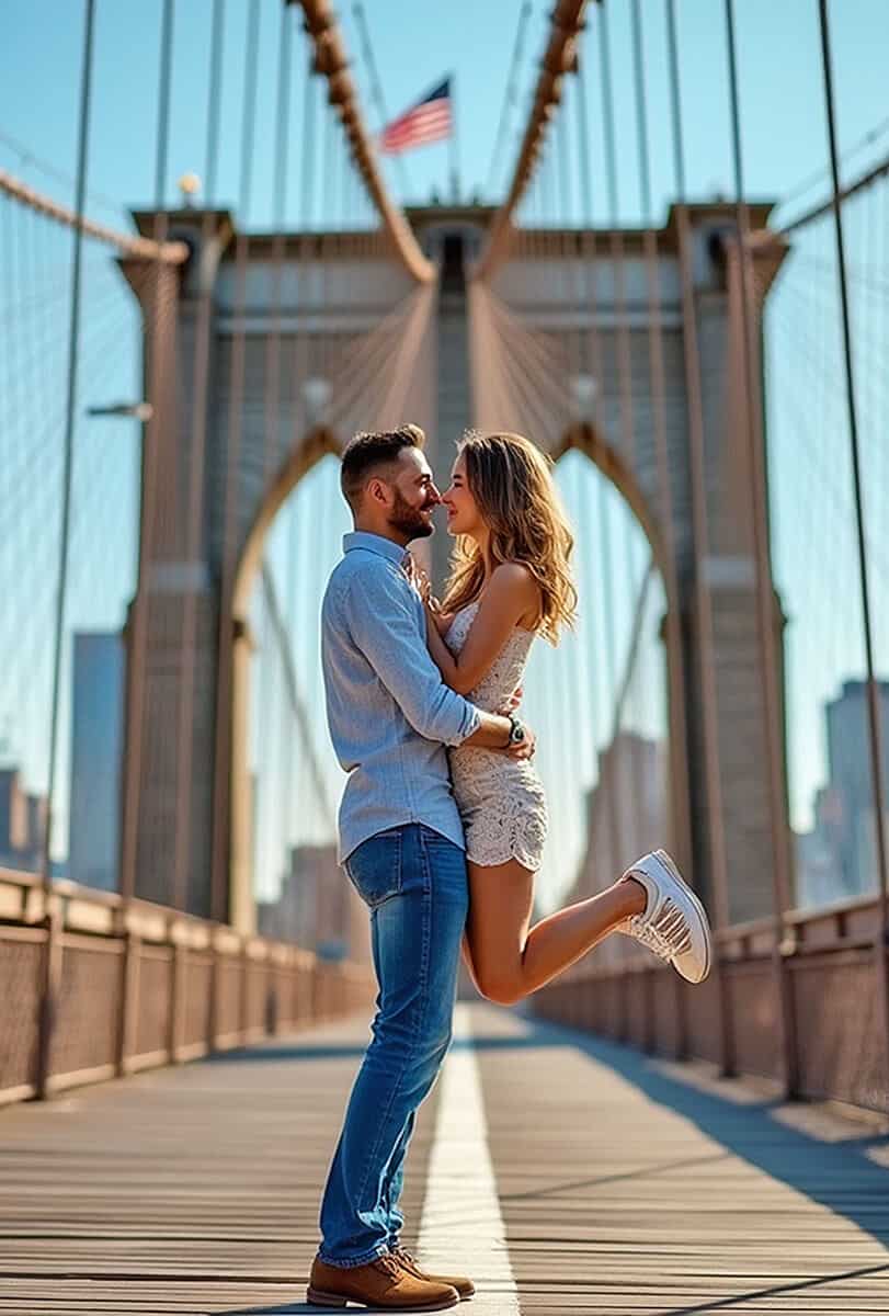 Man and woman hugging at Brooklyn Bridge in NYC