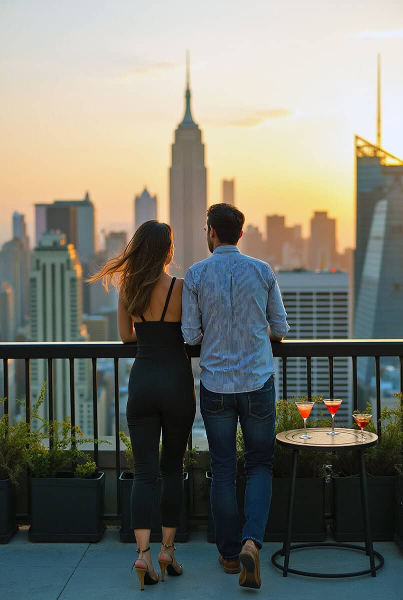 Couple at a rooftop bar in NYC