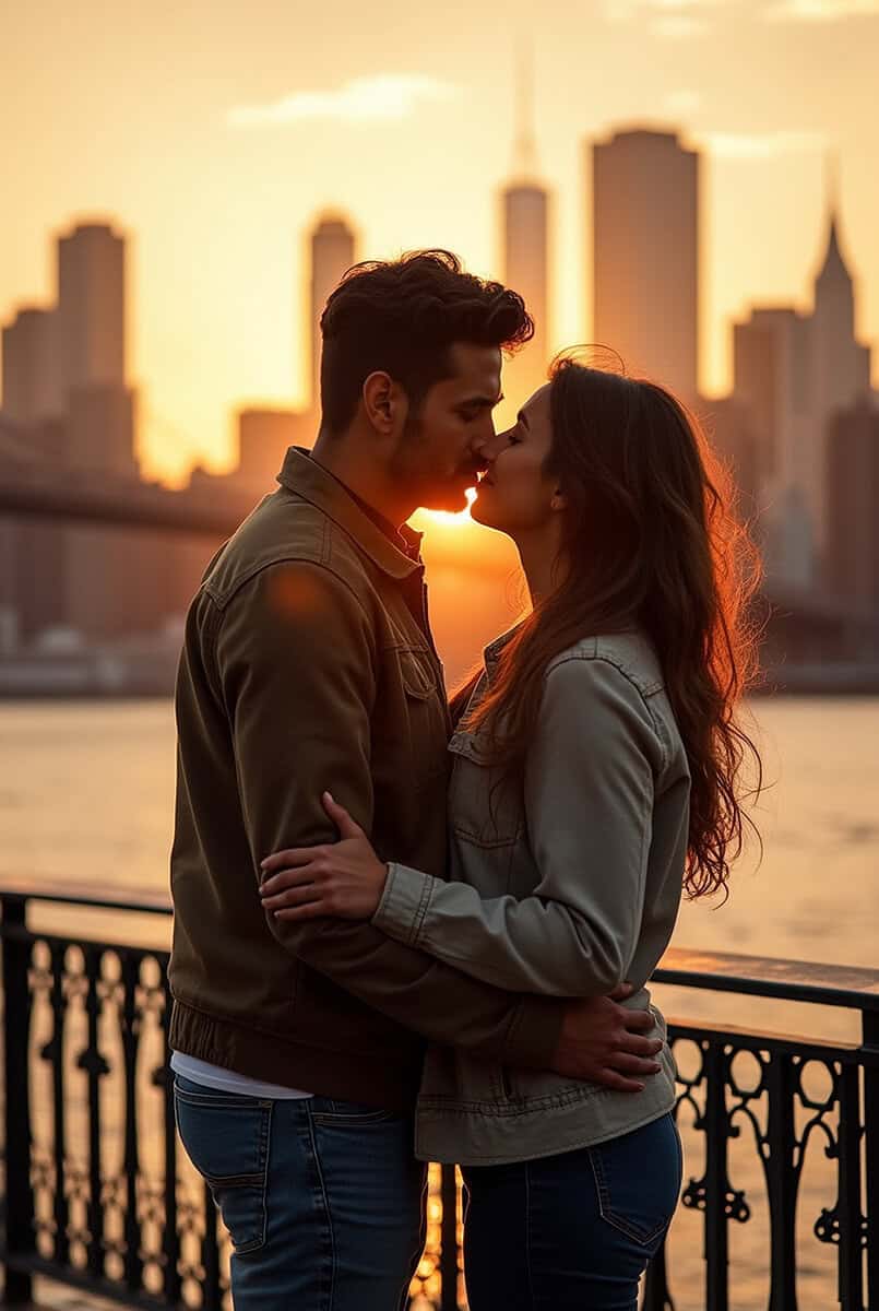 Couple kissing at Brooklyn at sunset