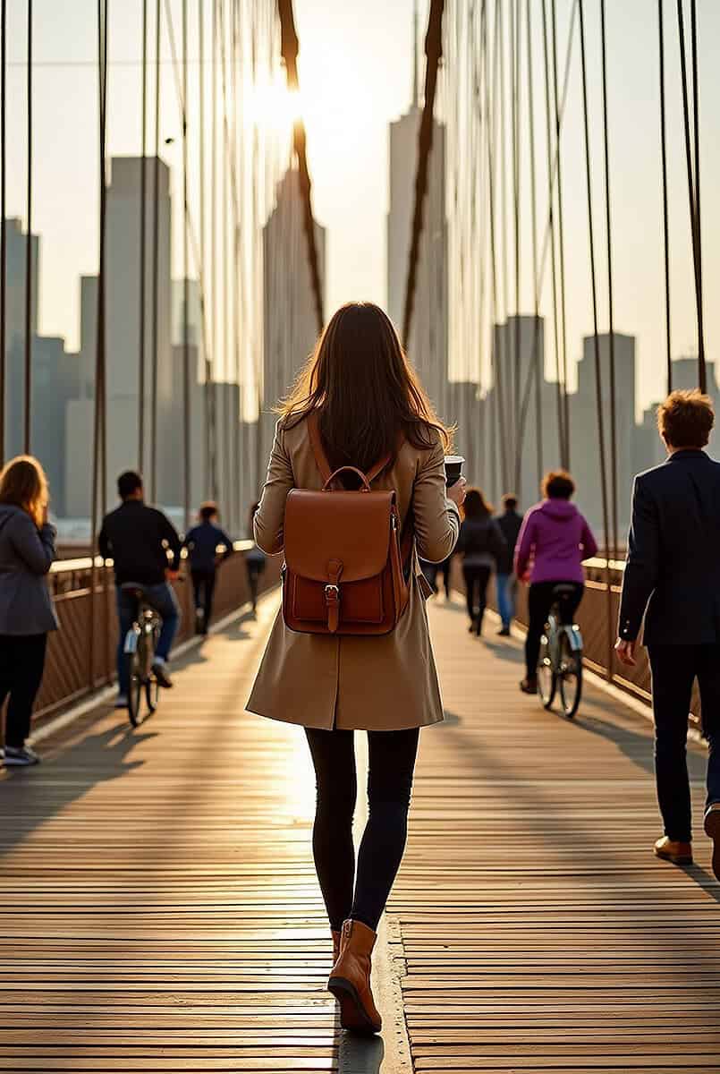Woman crossing Brooklyn Bridge at sunset