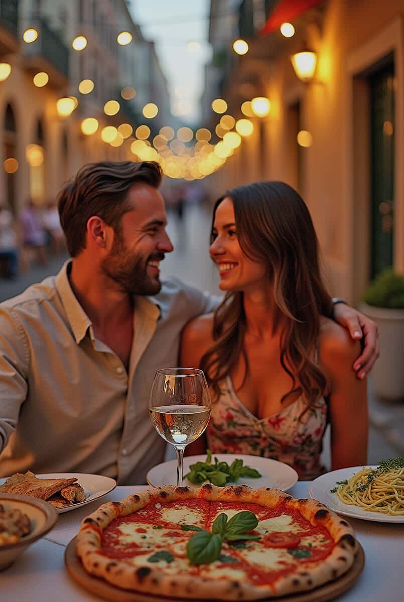 Couple eating pizza and spaghetti alla Nerano in Naples