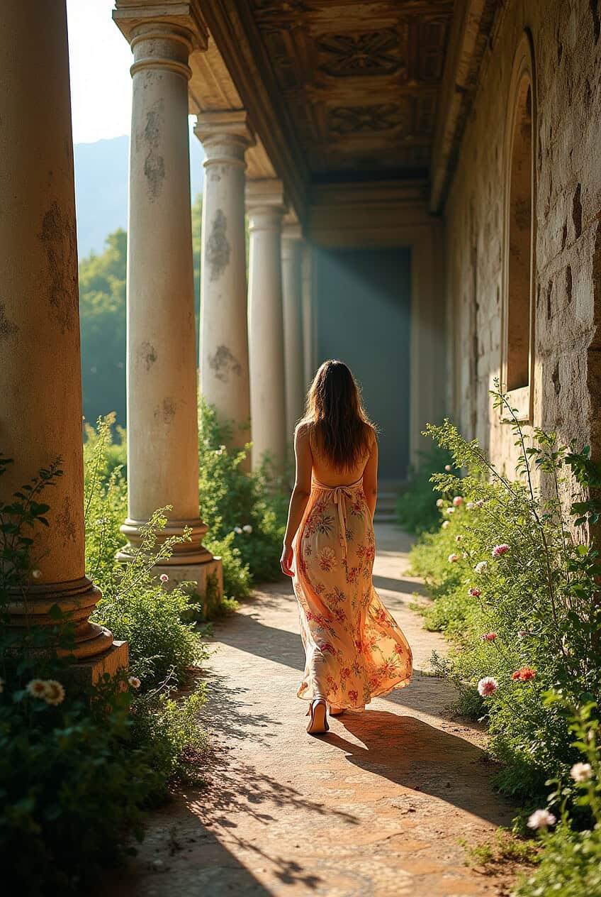 Woman exploring a hidden Roman villa in Naples, Italy