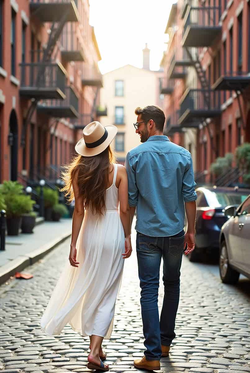 Couple walking hand in hand in Brooklyn