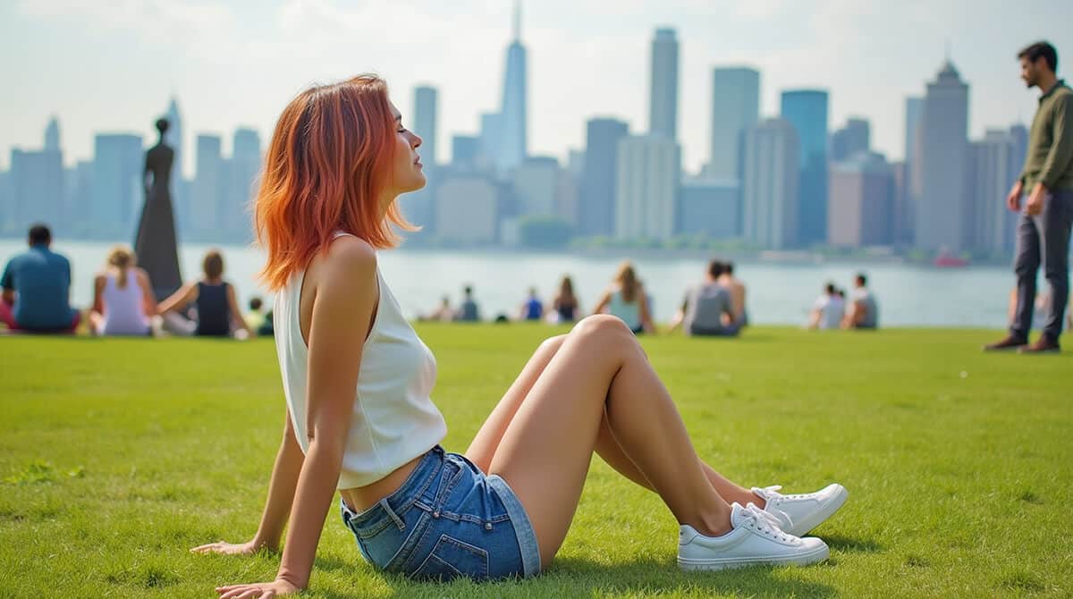 Young woman sitting on the grass in Central Park