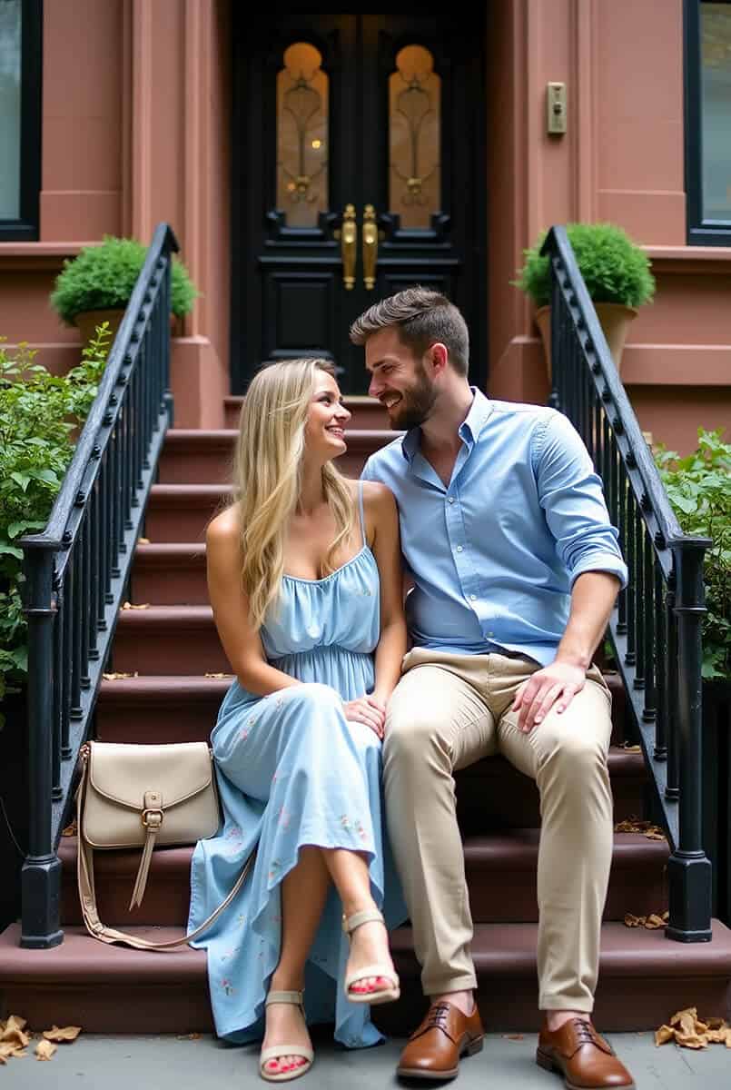 Couple sitting on the steps of a house in Astoria (NYC)