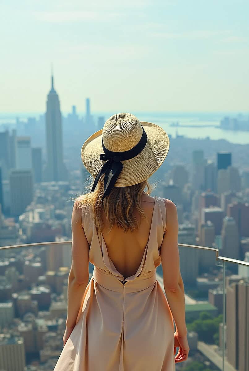 Yong woman wearing a straw hat and a beige sundress