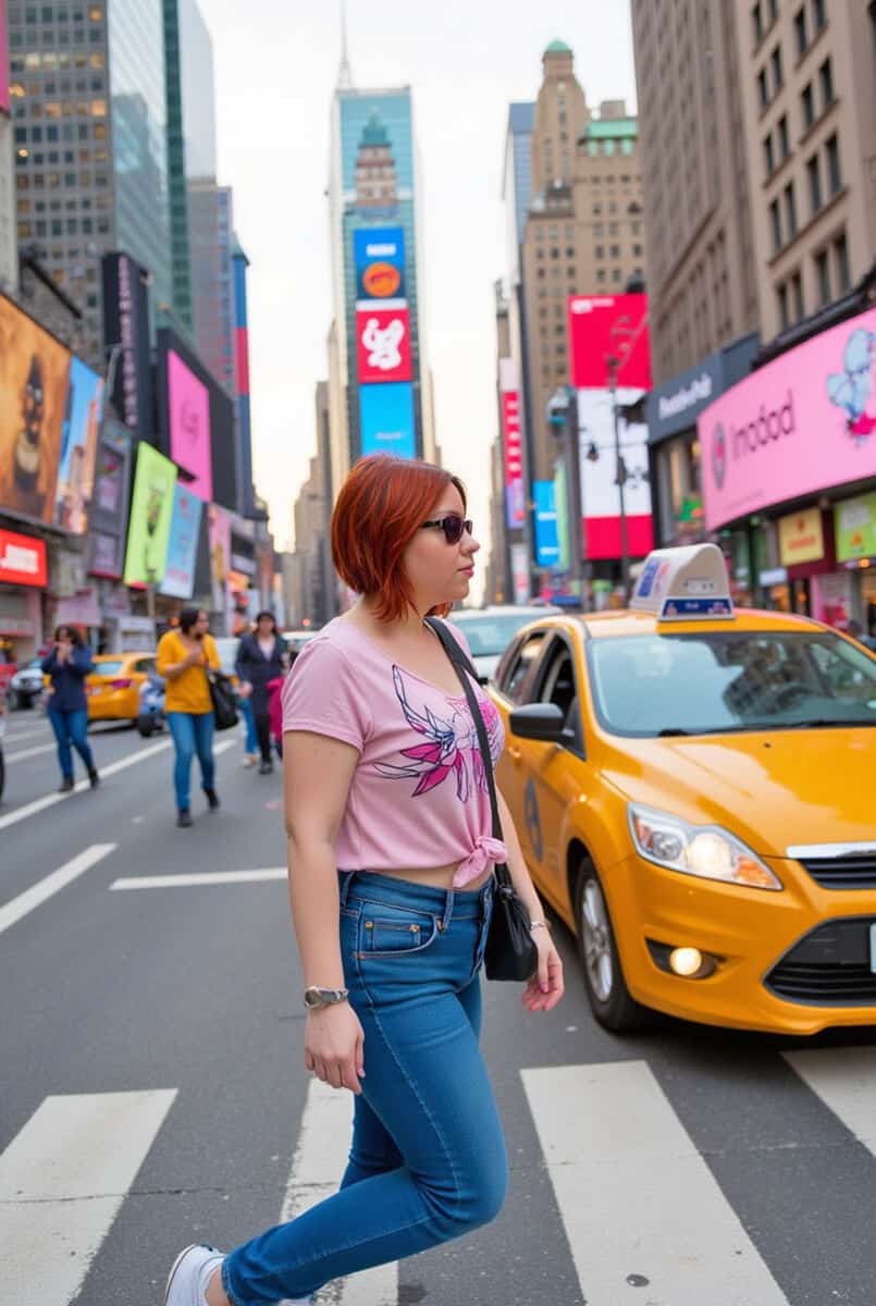 Dany crossing the street at Times Square in the summer