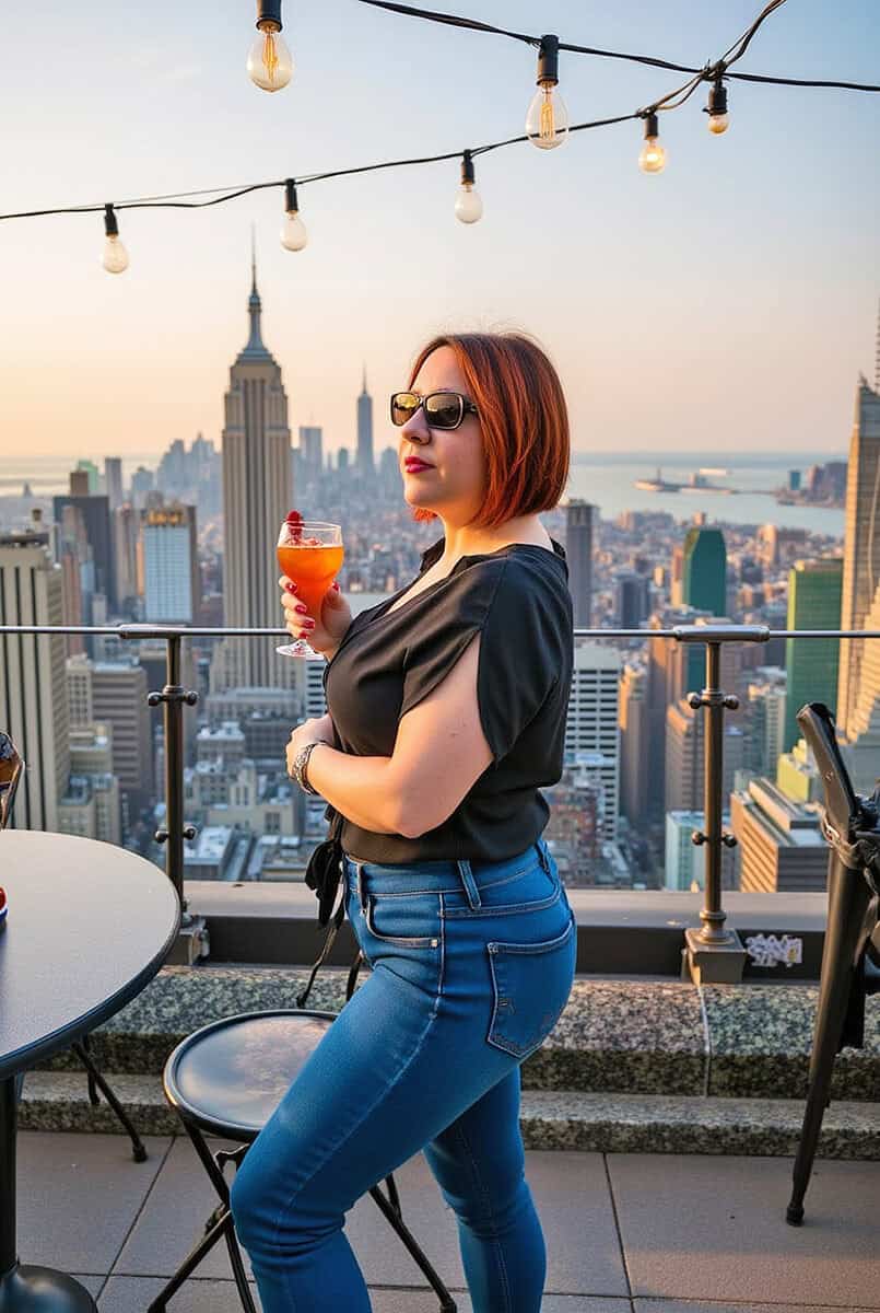 Dany having a drink on a rooftop bar in NYC