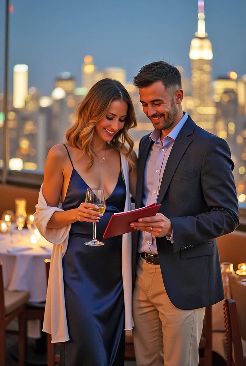 Couple toasting at a romantic rooftop restaurant in NYC