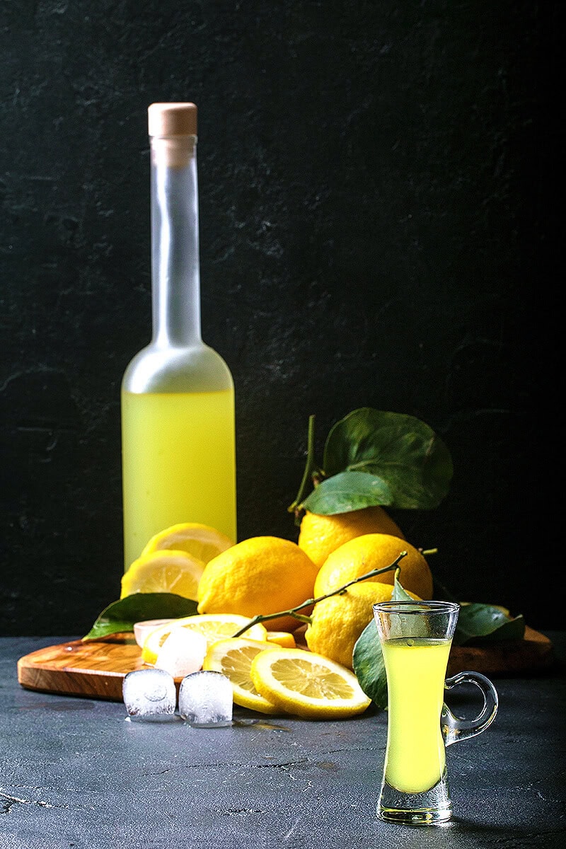 Limoncello bottle and limoncello glass