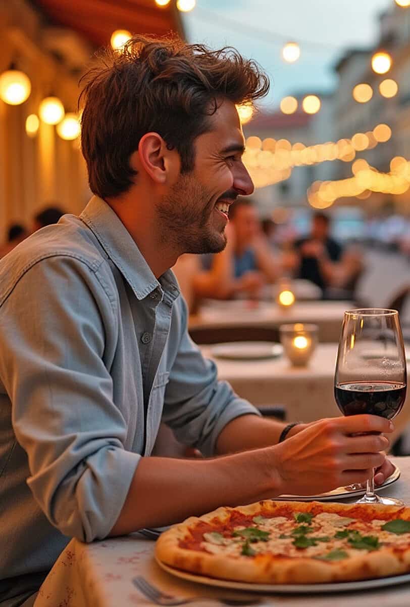 Man drinking local red wine and eating pizza margherita in Santa Lucia (Naples)